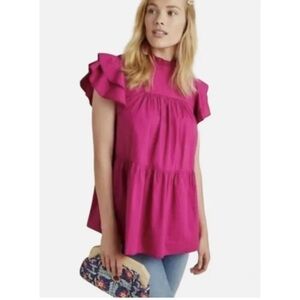 Maeve By Anthropology Ophelia Ruffle Sleeve Tiered Blouse- Womens Size X-Small